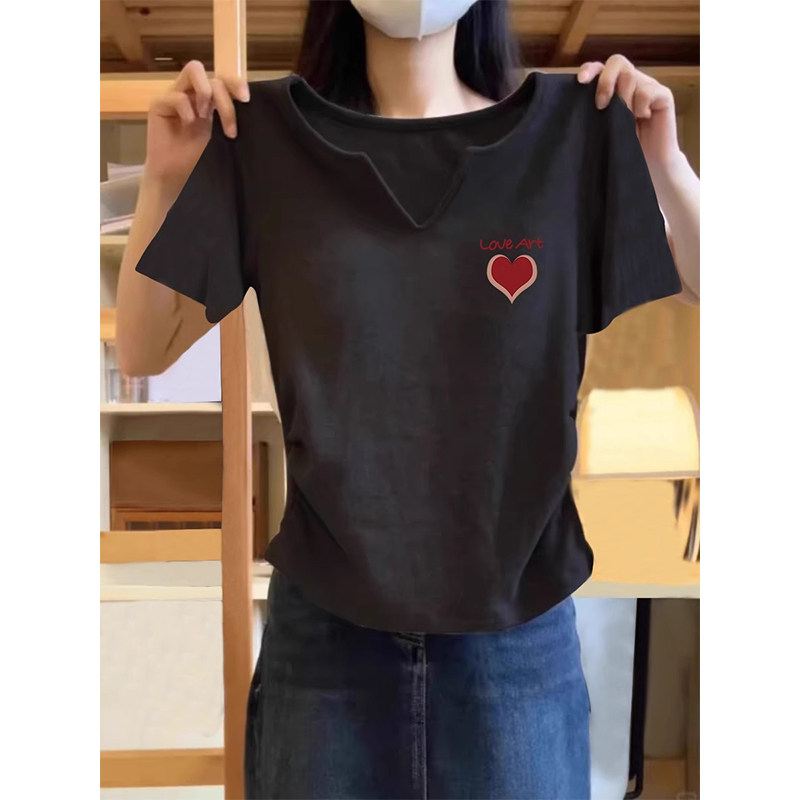 纯棉黑色v领正肩短袖t恤女士夏季修身小个子辣妹掐腰短款体恤上衣