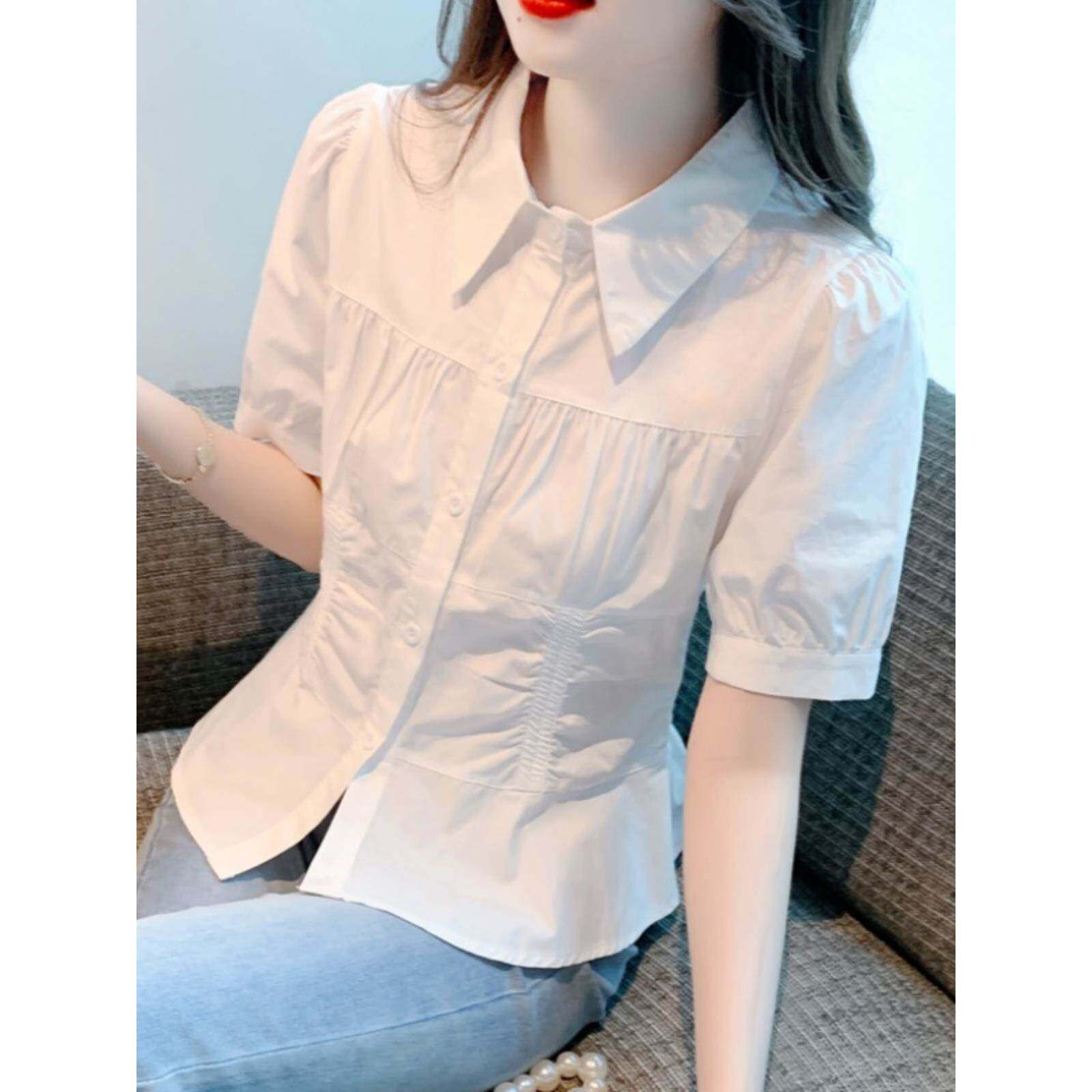 香港TIMO白色Polo领衬衫女设计感小众夏装短袖气质褶皱收腰上衣