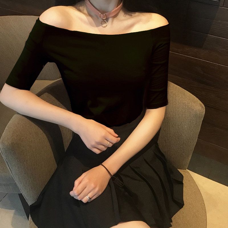 一字领露肩T恤女2025夏季款修身显瘦性感漏锁骨纯棉半袖黑色上衣