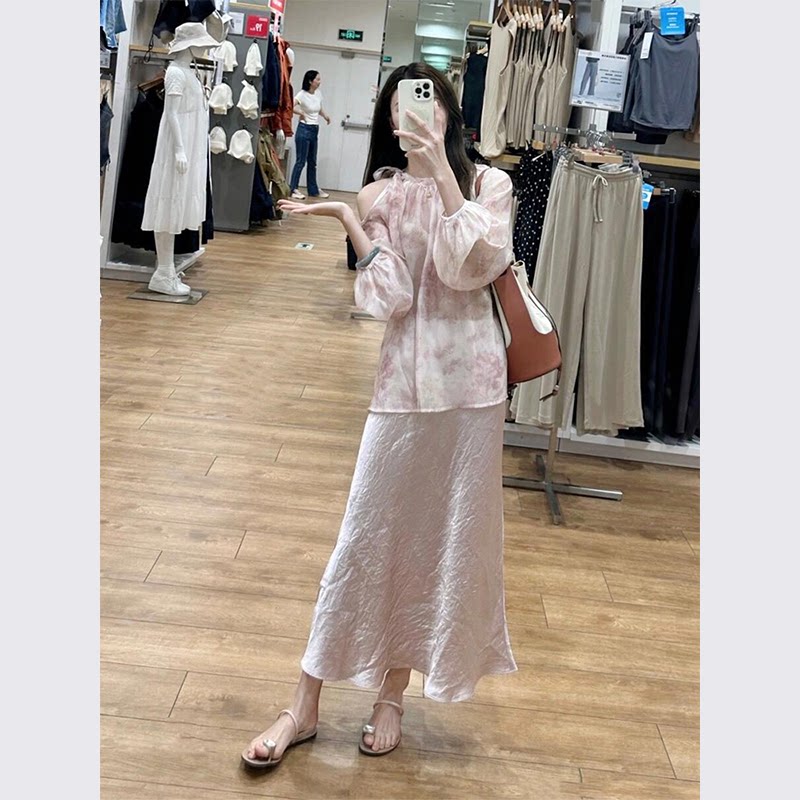 今年流行漂亮高端精致粉色长袖衬衫连衣裙子套装2024夏季新款女装