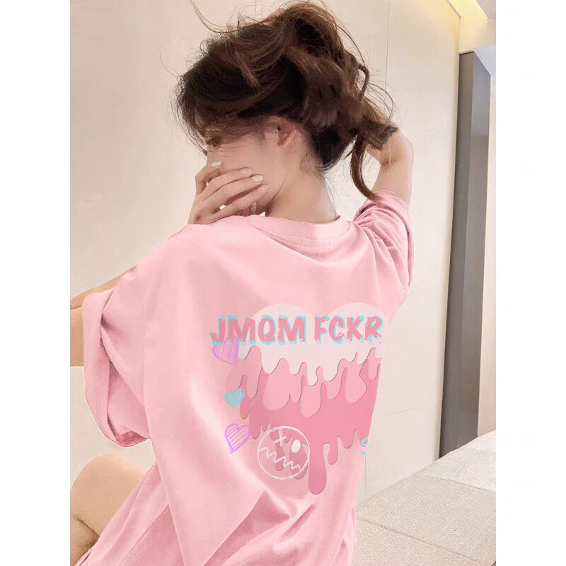 韩国粉色甜美爱心宽松短袖t恤女夏季设计感小众oversize体恤上衣
