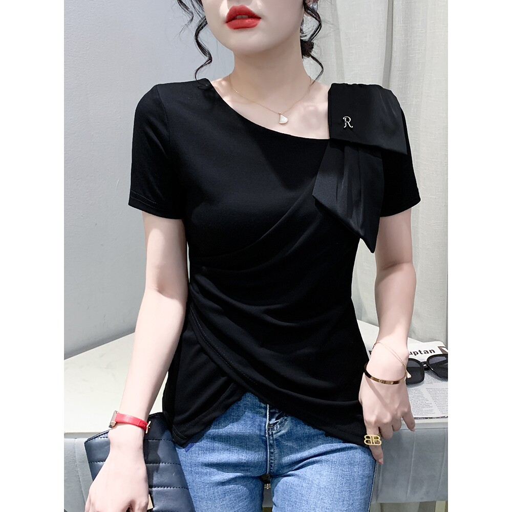 香港TIMO女短袖夏装欧货设计感洋气气质上衣修身显瘦半袖小衫潮