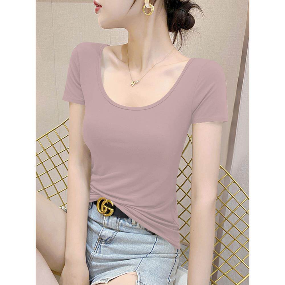 粉色u领低领莫代尔短袖t恤女夏2023新款冰丝薄款面膜修身半袖体恤