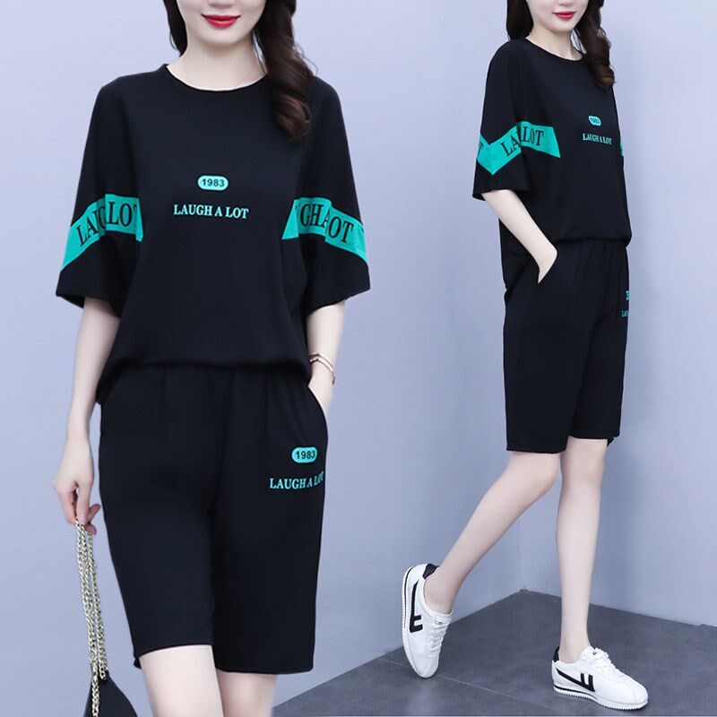 潮牌时尚休闲大码女装胖妹妹显瘦套装夏季新款上衣短裤两件套女夏