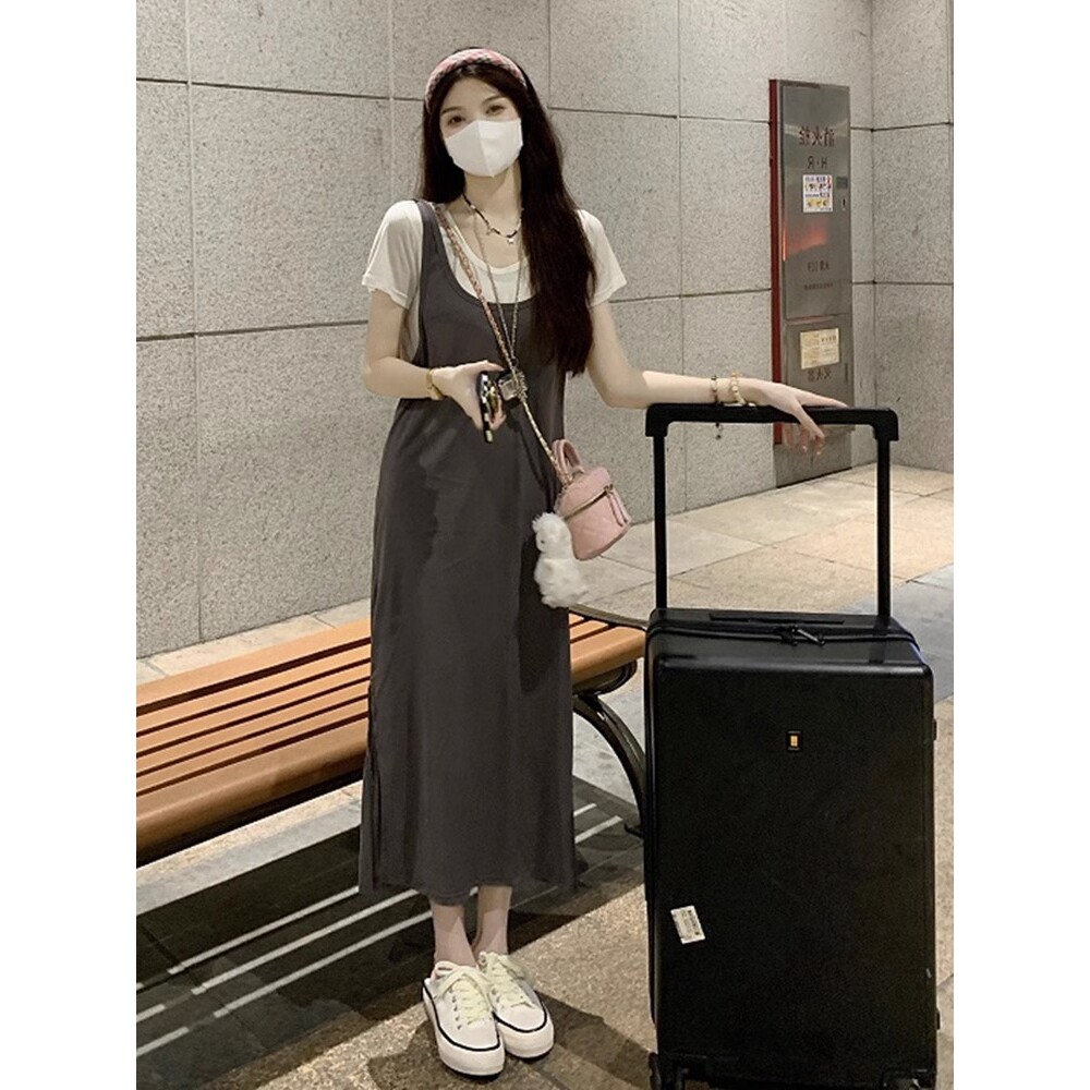 欧洲站女装2025夏季法式微胖显瘦长裙气质高级感假两件宽松连衣裙