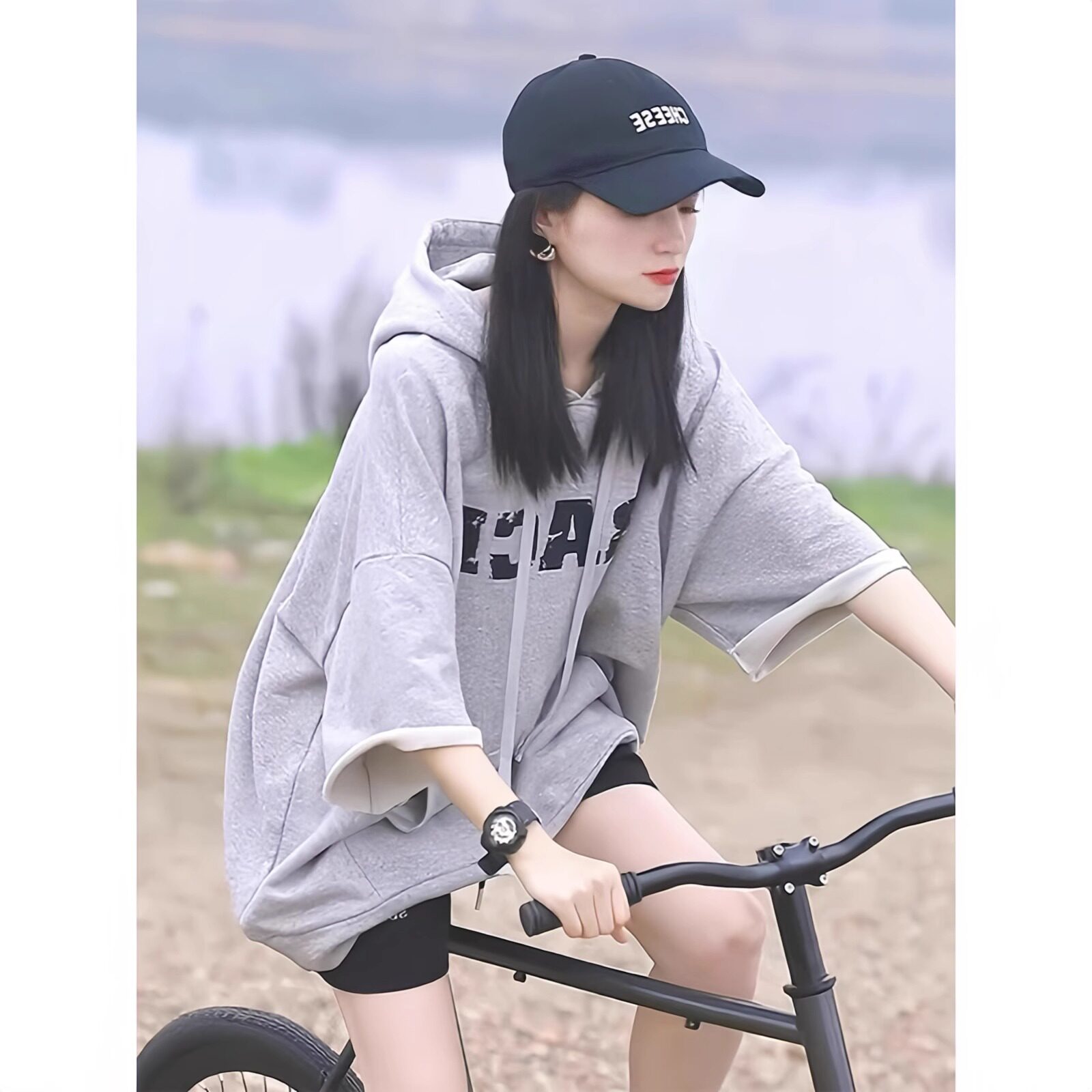 美式灰色连帽短袖T恤女夏季薄款慵懒风中长款七分袖印花卫衣上衣