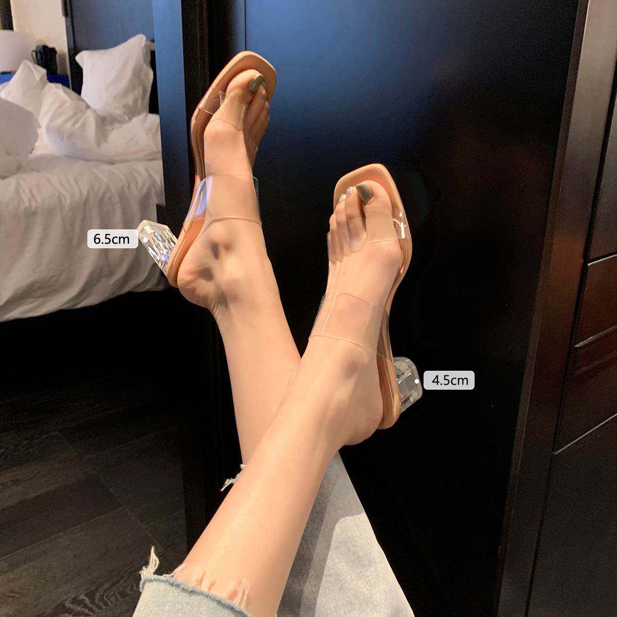 ins轻奢高端真皮透明凉拖鞋女夏外穿一字带水晶跟性感粗高跟凉鞋