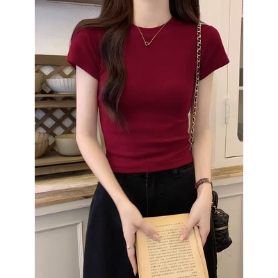 酒红色正肩短袖T恤女夏季洋气小个子修身甜辣圆领小飞袖体恤上衣