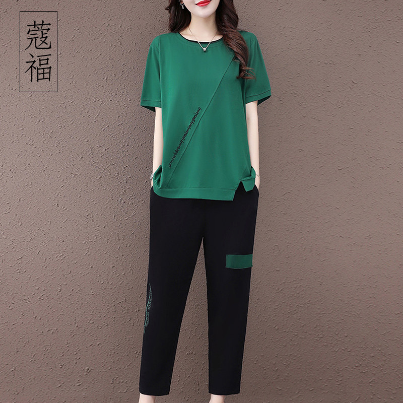 香港2025夏季新款大码女装胖mm套装遮肚子运动休闲减龄时尚两件套