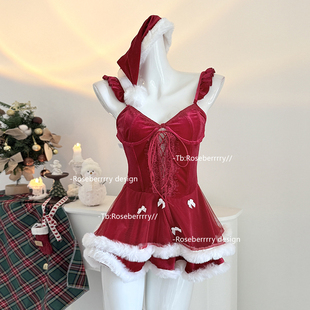 Roseberrrry雪绒甜心 圣诞红丝绒连衣裙深v绑带收腰毛绒性感睡衣