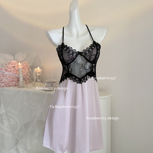 Roseberrrry娇奢千金 名媛高级感纯欲睡裙蕾丝拼接性感冰丝睡衣