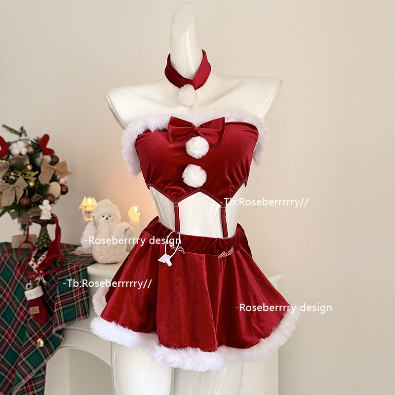 Roseberrrry圣诞神鹿 纯欲性感cos新年制服抹胸红色丝绒抹胸裙