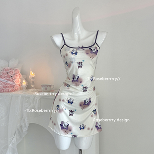 Roseberrrry梦中情猫 纯欲甜美蝴蝶结吊带睡裙修身显瘦印花连衣裙