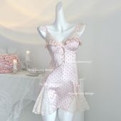 Roseberrrry珍珠miu系 纯欲波点甜妹吊带睡裙性感美背睡衣带胸垫