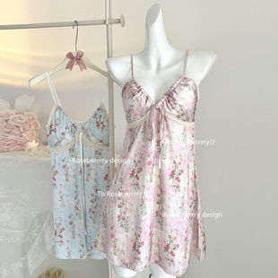 Roseberrrry荔梦春蕊 纯欲碎花吊带睡裙缎带胸垫法式性感冰丝睡衣