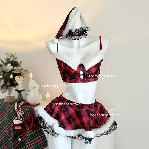 圣诞可爱性感格纹蕾丝睡衣套装