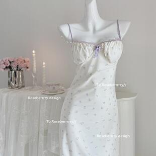 Roseberrrry紫丁香 甜美碎花吊带睡裙带胸垫纯欲少女夏季性感睡衣