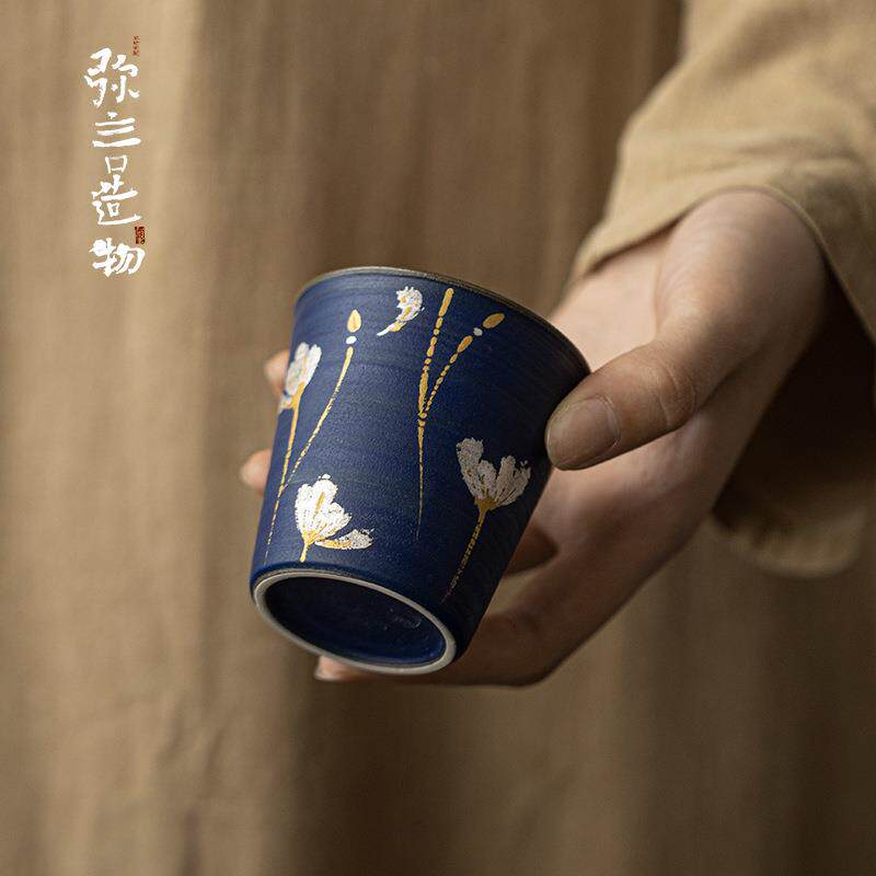 弥言克莱因蓝粉引可乐杯家用个人专用茶杯金银纯手绘格桑花主人杯