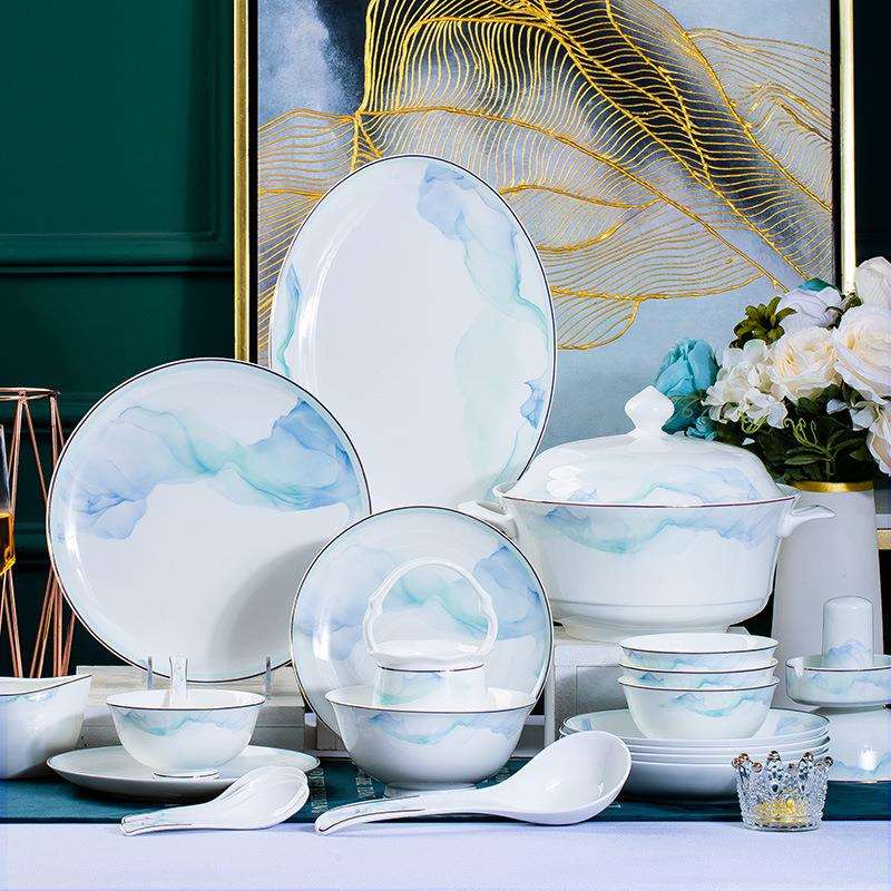 景德镇高端骨瓷餐具家用陶瓷碗饭碗碗碟套装缥缈简约碗盘送礼