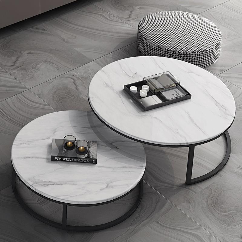 北欧大理石圆形茶几组合客厅现代简约家用小户型千鸟格茶几三件套