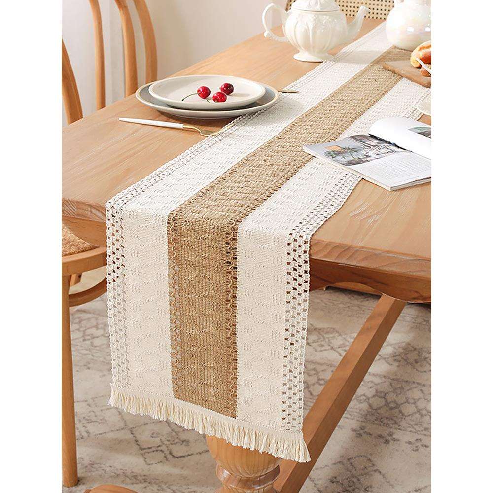 复古布艺桌旗北欧简约轻奢对称拼色流苏长桌布节日茶台桌旗装饰巾