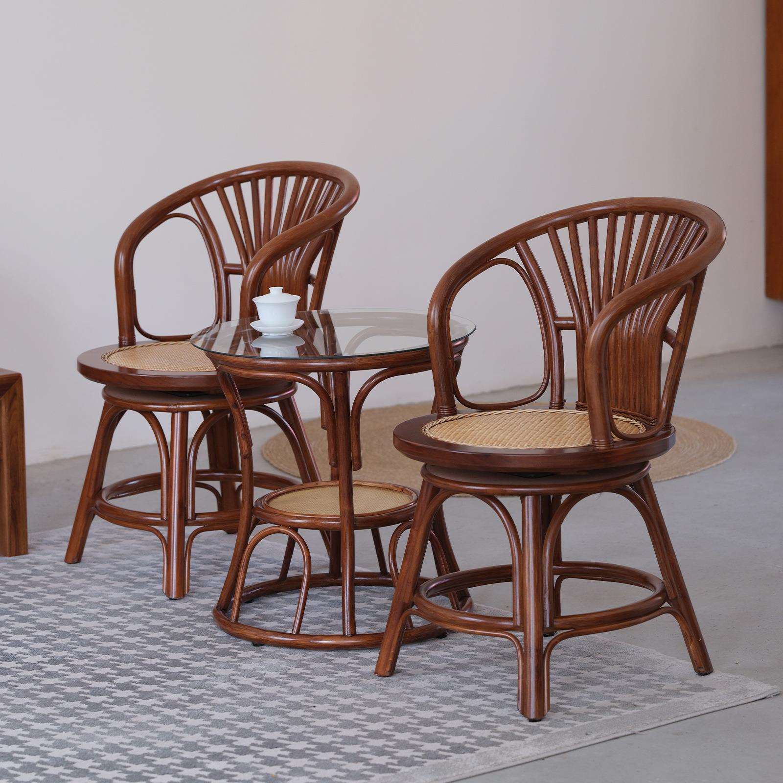 真藤茶几休闲椅三件套老人靠背椅简约现代家用阳台庭院纯手工