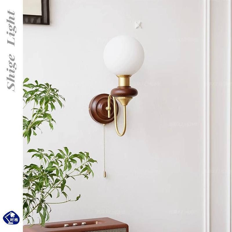 魔豆法式复古美式简约壁灯中古客厅卧室书房过道实木床头铜壁灯