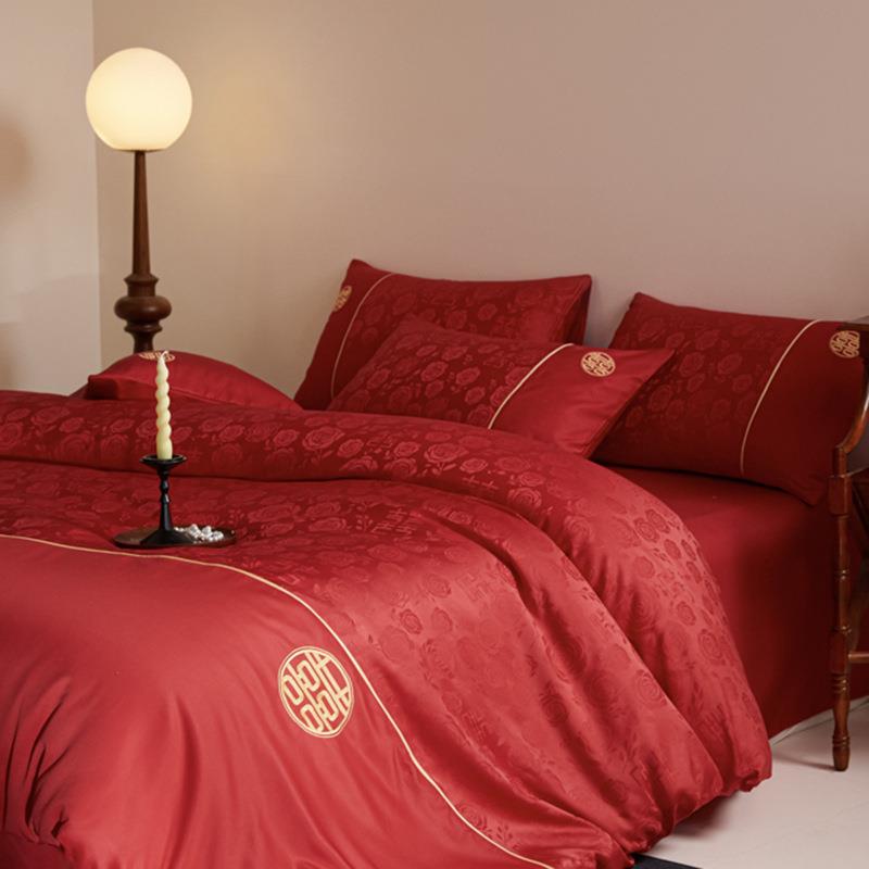 高档提花结婚四件套婚庆大红色婚床床品被套新婚床上用品喜被床单
