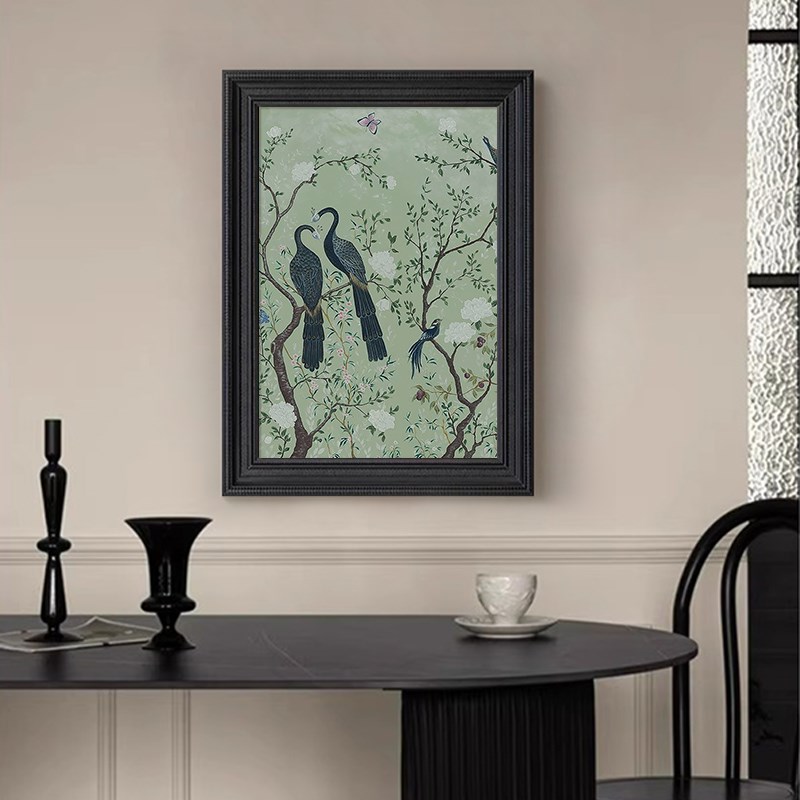 新中式复古玄关花鸟图装饰挂画孔雀动物客厅餐厅手绘油.画桌面摆图片