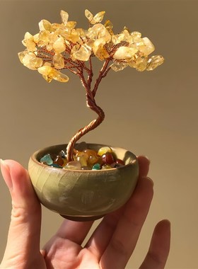 办公桌的小黄金水晶发财树摆件y财宝树客厅公司店玄关乔迁开业送