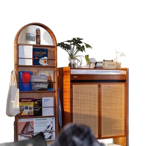 单人落地镜全身镜家用创意杂志书报置物架中古可移动实木试穿衣镜