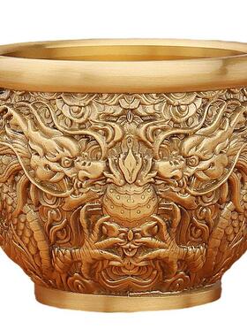 黄铜双龙缸龙纹双凤招米进宝客厅玄关聚宝盆金属工艺品铜摆件