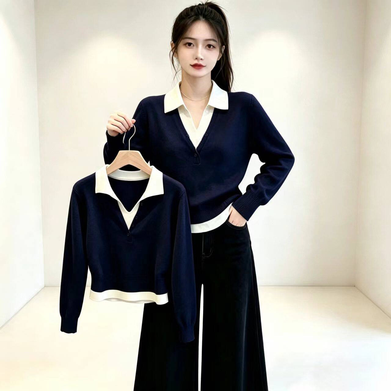 秋冬新款韩版宽松显瘦百搭假两件针织衫女设计感小众上衣