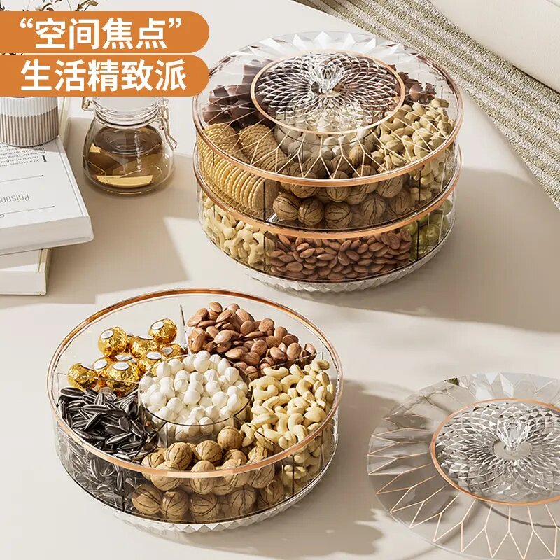 旋转干果盒家用糖果坚果零食收纳盒客厅分格式收纳盘高档欧式带盖