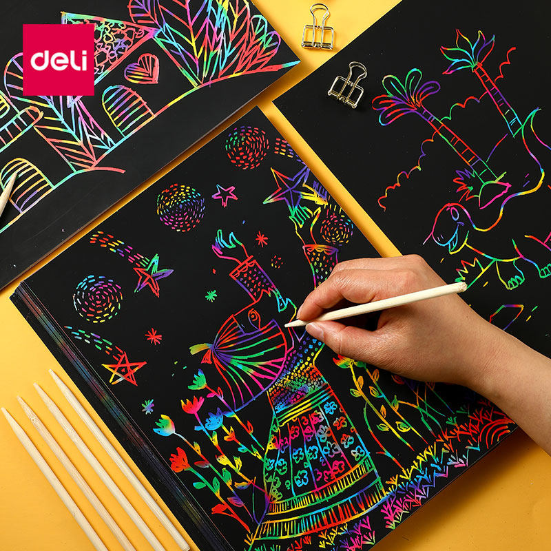 得力儿童炫彩刮画纸刮刮纸小学生刮纸彩色手工涂鸦刮画绘图纸刮花纸50黑色幼儿园创意挂画纸成人减压神器