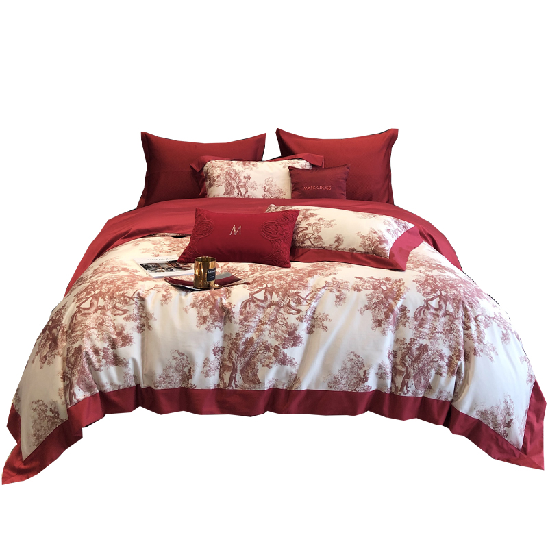 轻奢婚庆红色四件套全棉100S数A码印花结婚礼被套纯棉床单双人床