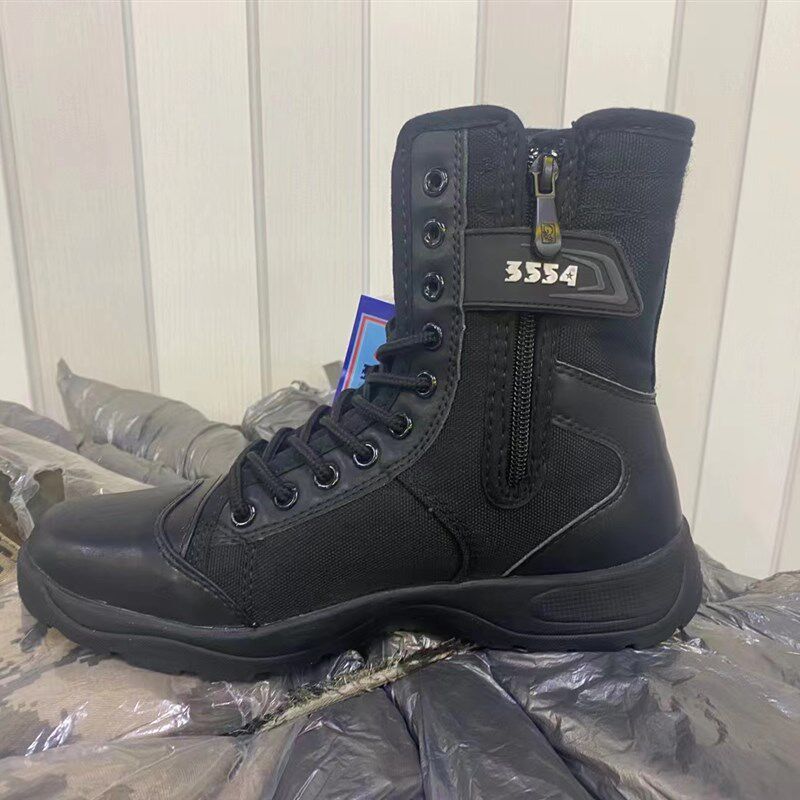 保安黑色帆布透k气靴网面高腰秋夏季男女作训鞋训练鞋保安鞋