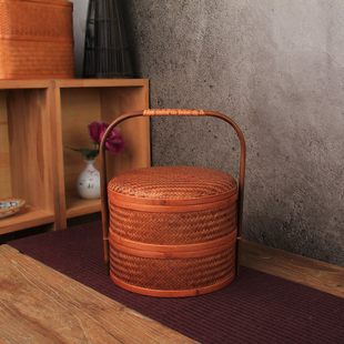 仿古竹编食盒竹篮子礼盒食物篮z月饼包装 圆形两层提篮茶具收纳篮