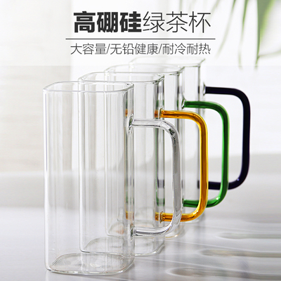 玻璃杯家用耐热水杯绿茶杯子透明加厚G办公杯方形带把手泡茶杯茶