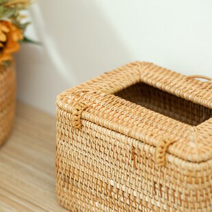 藤编纸巾收纳盒客厅纸巾盒车载纸巾抽纸盒M桌面圆形卷纸筒收纳盒