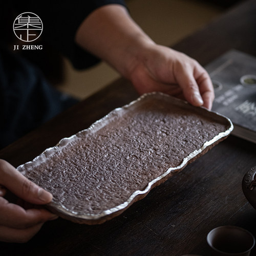 集正 粗陶长方干泡盘 茶室桌x面小茶盘功夫茶具陶瓷茶托侘寂风壶