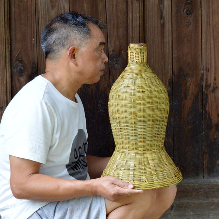 创意头层竹皮手工艺烟熏竹编黄鳝笼泥鳅笼灯罩形装X饰带盖捕虾笼