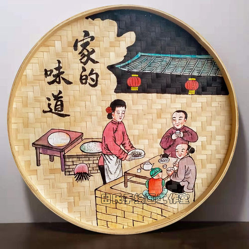 手绘竹编簸箕挂画农n庄农家乐墙面装饰挂件墙壁挂饰饭店怀旧墙饰