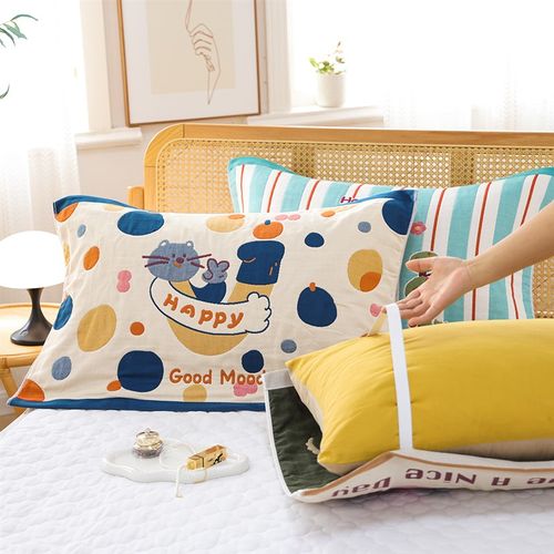 八层纯棉b纱布绑带枕巾一对装加厚防滑不脱落柔软透气全棉枕头盖