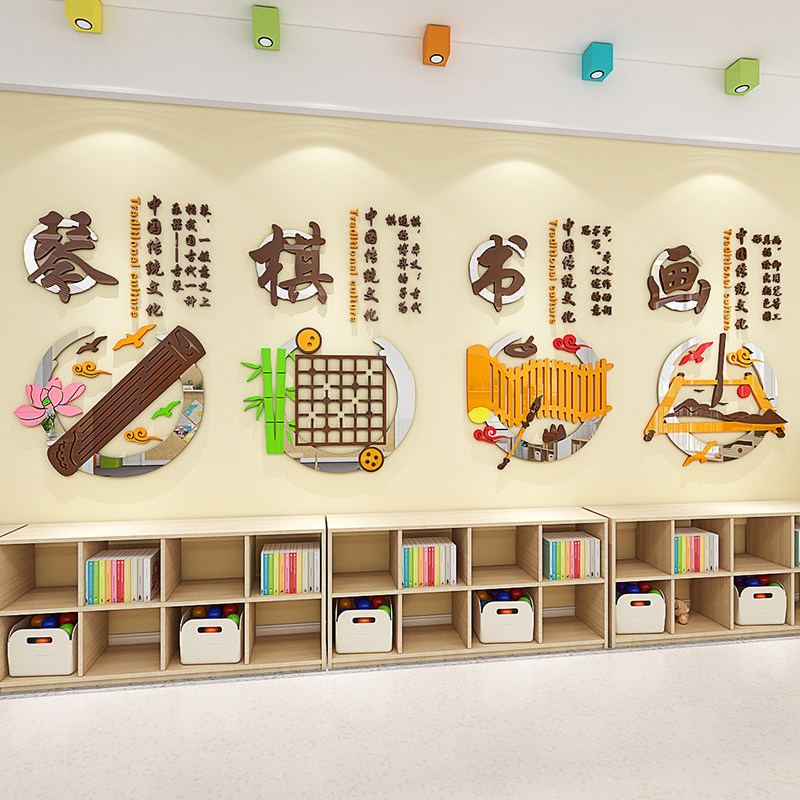 国潮琴棋书画墙走廊环创题布置幼儿园教室装饰