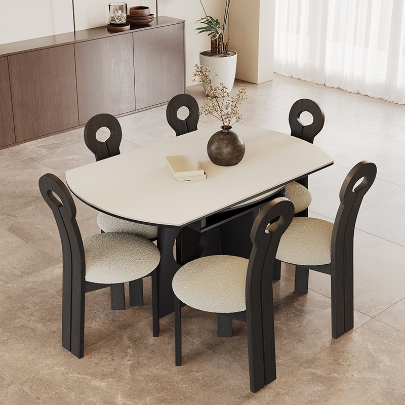 伸缩岩板餐桌方圆两用复古22新款小户型中古风圆形实木餐桌