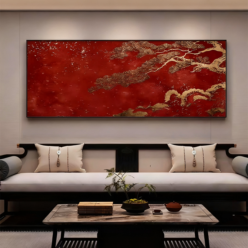 新中式风景写字楼办公室装饰画红色迎客松茶室背景墙横版长条挂画