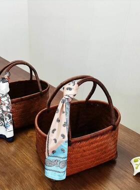 复古竹编买菜篮提篮手工编购物篮提手篮竹制品外出游玩采摘篮大号