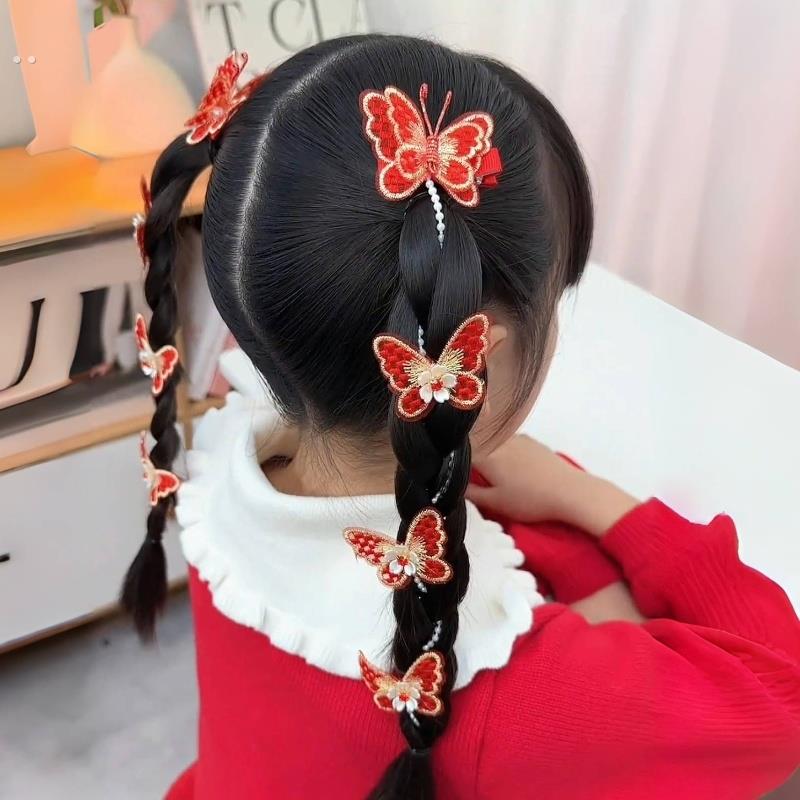 儿童新年发饰女童中国风蝴蝶结头饰古风流苏编发神器发夹拜年对夹