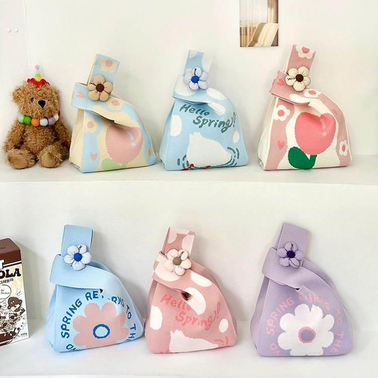 针织手提袋婴儿生日礼物伴侣礼品袋手持背心袋可爱的花手持编织定